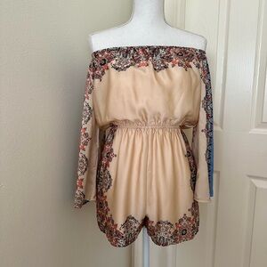 fab'rik Off-Shoulder Floral Jumpsuit - Tan & Blue